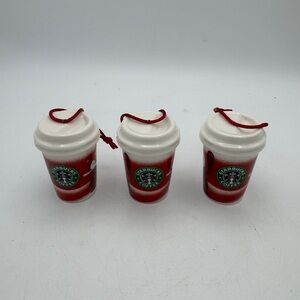 2010 Starbucks Coffee Red Cup Christmas Ornament Holiday Ceramic 2.5" 3 Pc